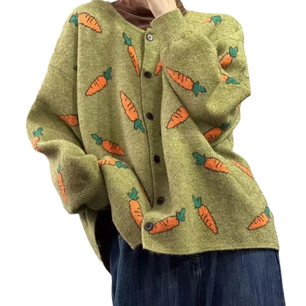 Loose grey cardigan with artistic colour-block printing, round neck, and regular sleeves.