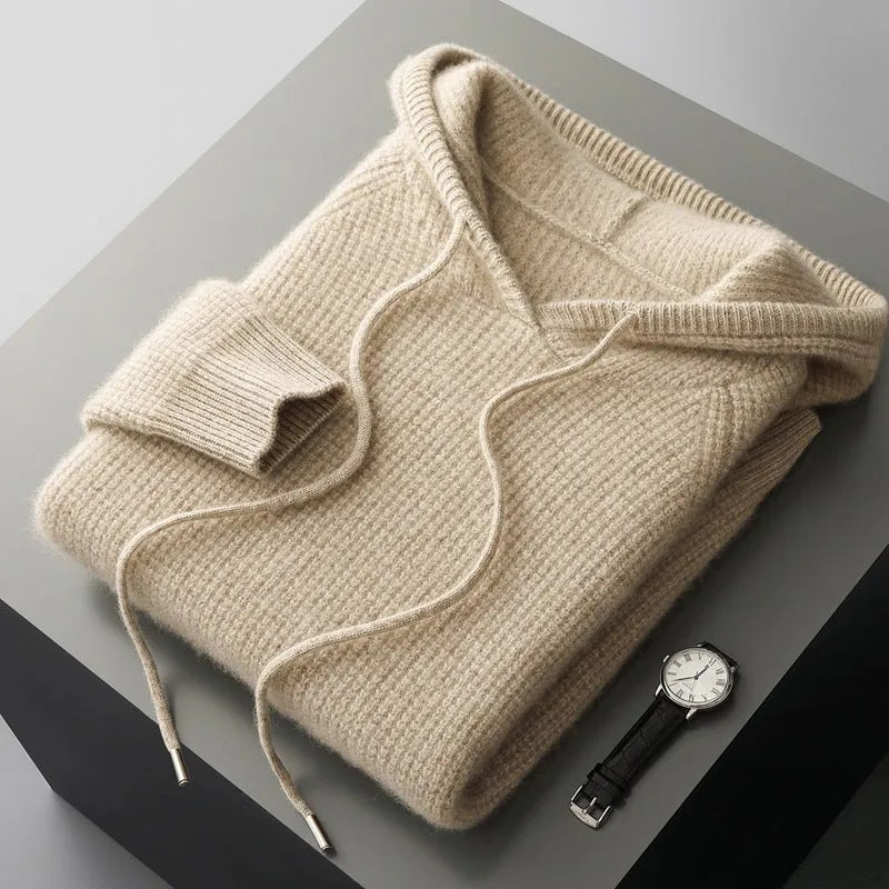 Hooded cashmere sweater in camel, grey-green or navy blue, loose thickened winter pullover with long sleeves, sizes S to XXXL.