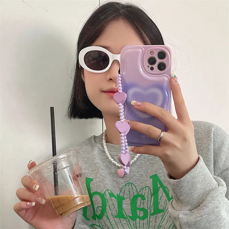 TPU Phone Case with Fog Overlapping Love Design for iPhone 13, 12, 11, X Series Models, Pink Purple Colour Options with Matching Bracelet Choice