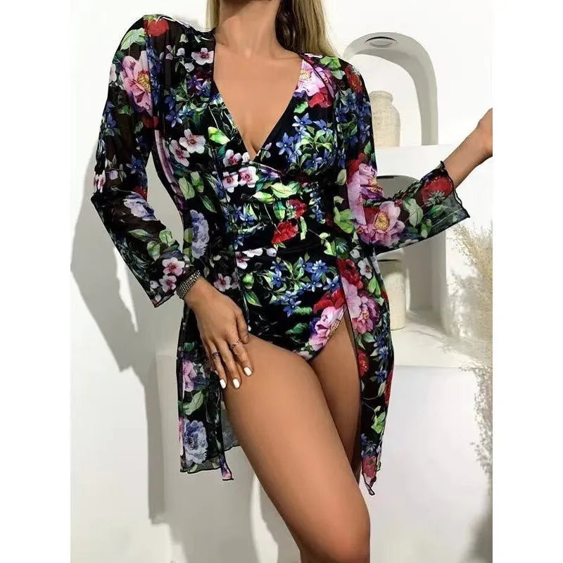 Women's floral print bikini three-piece set with matching coat in multiple colour options