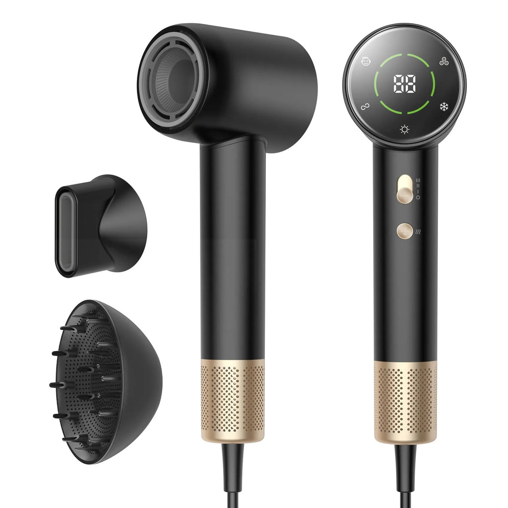 Black gold high-power hair dryer with high-speed screen display and multiple fan speed settings