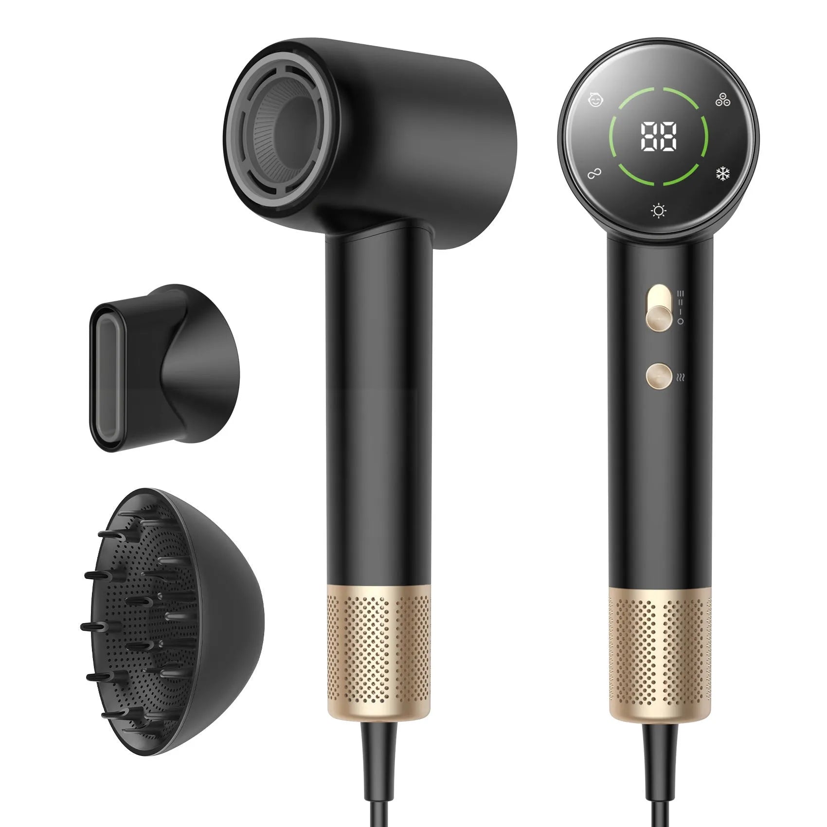 Black gold high-power hair dryer with high-speed screen display and multiple fan speed settings