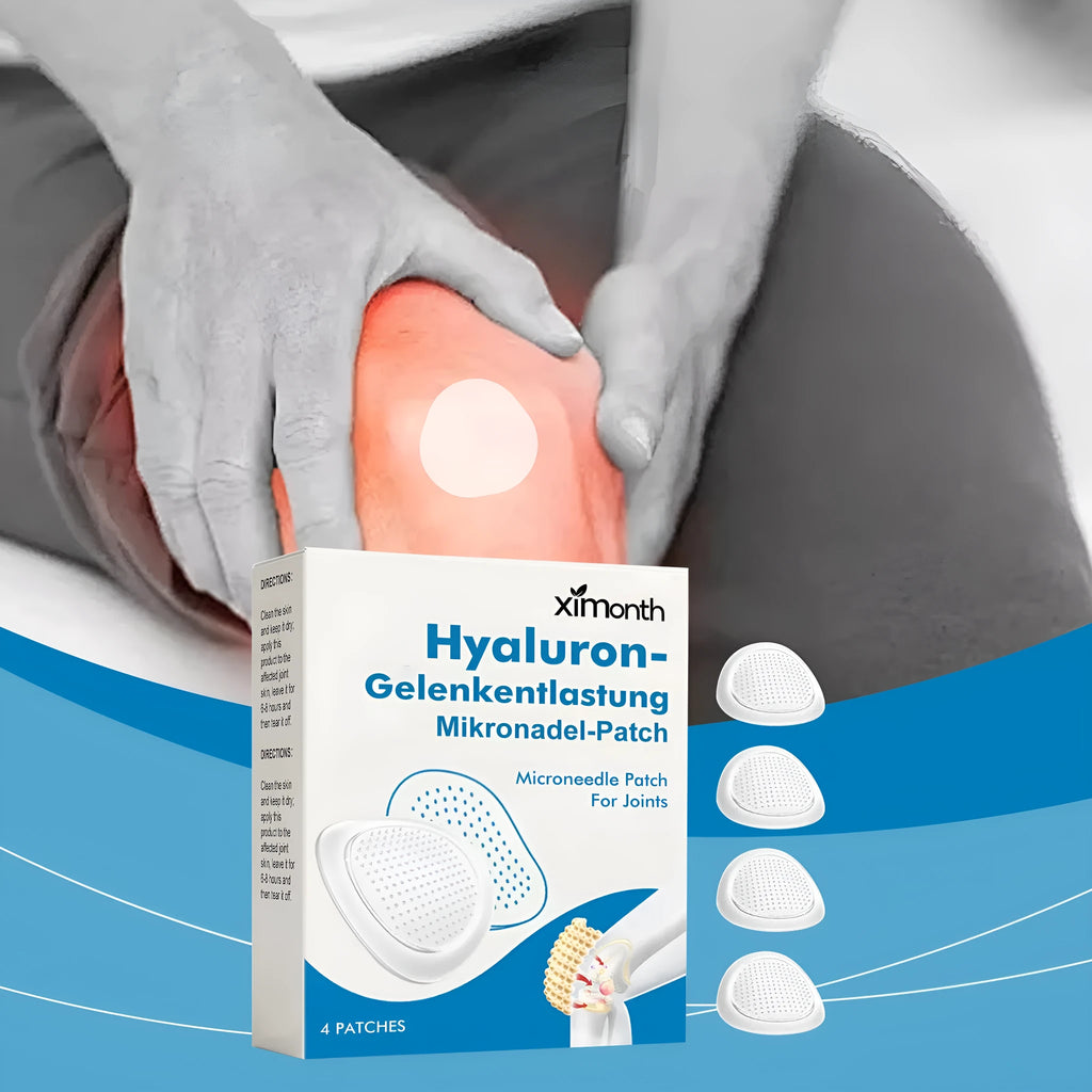 Four hyaluronic acid joint relief microneedle patches in packaging