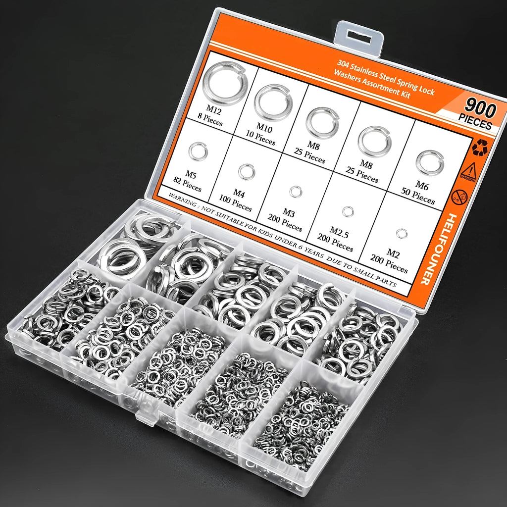 Open box showing assortment of 304 stainless steel spring lock washers in various sizes from 2mm to 12mm.