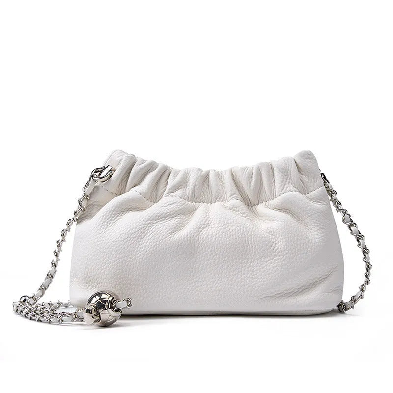 Genuine cowhide leather women's crossbody bag with chain shoulder strap in dumpling shape