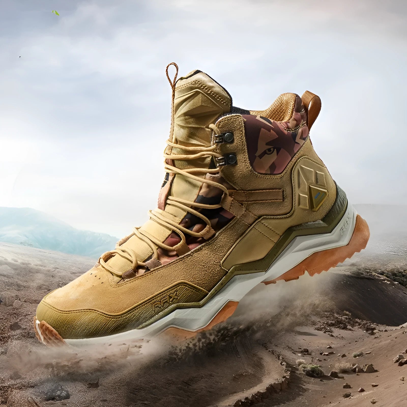 Waterproof non-slip high top hiking shoes for mountain climbing, unisex design in Light Khaki colour