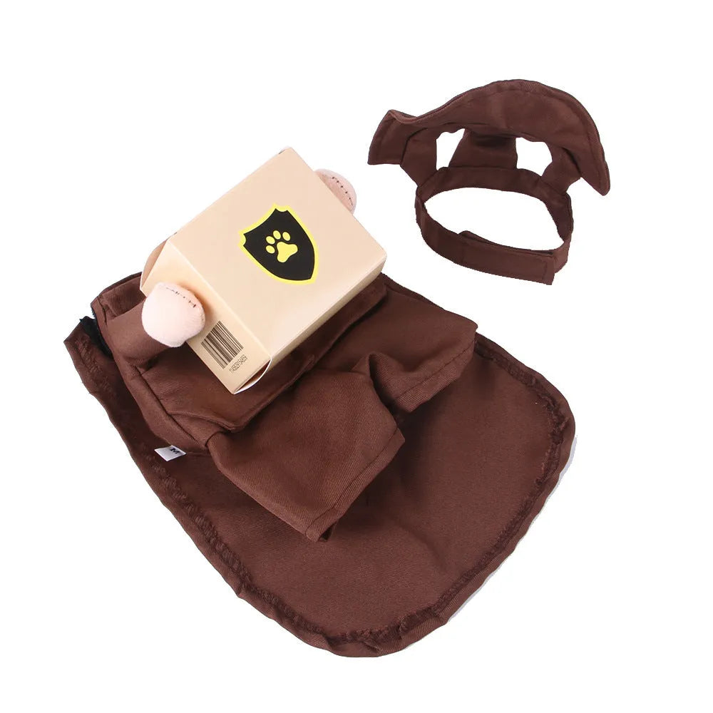 Coffee brown courier-themed dog shirt on pet showing humorous standing design and polyester fabric