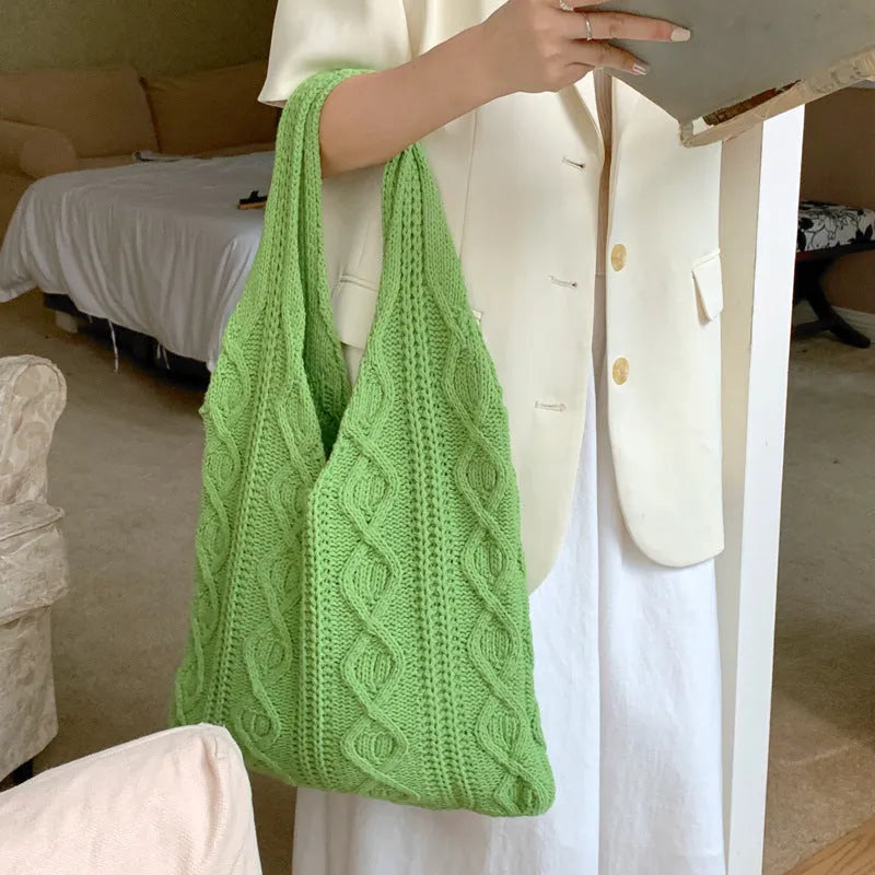 Retro style hollow-knitted polyester shoulder tote bag with double straps in a solid colour