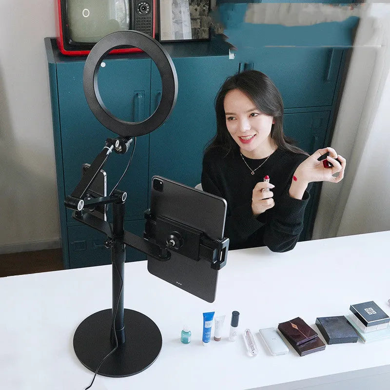 Black floor-standing mobile phone tablet holder with LED fill light and adjustable height