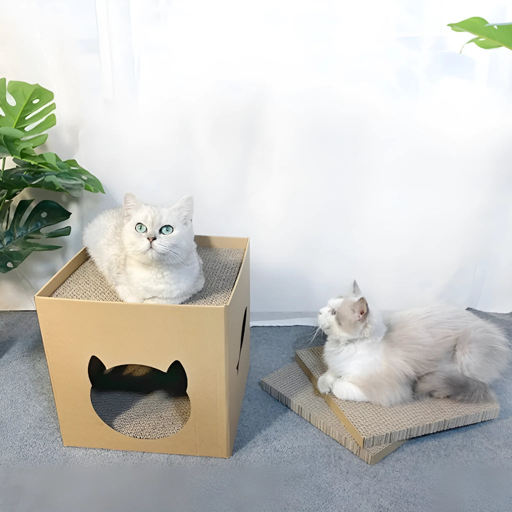 Cubic corrugated paper cat scratch board in Pet Milk Carton colour, 30cm on each side.