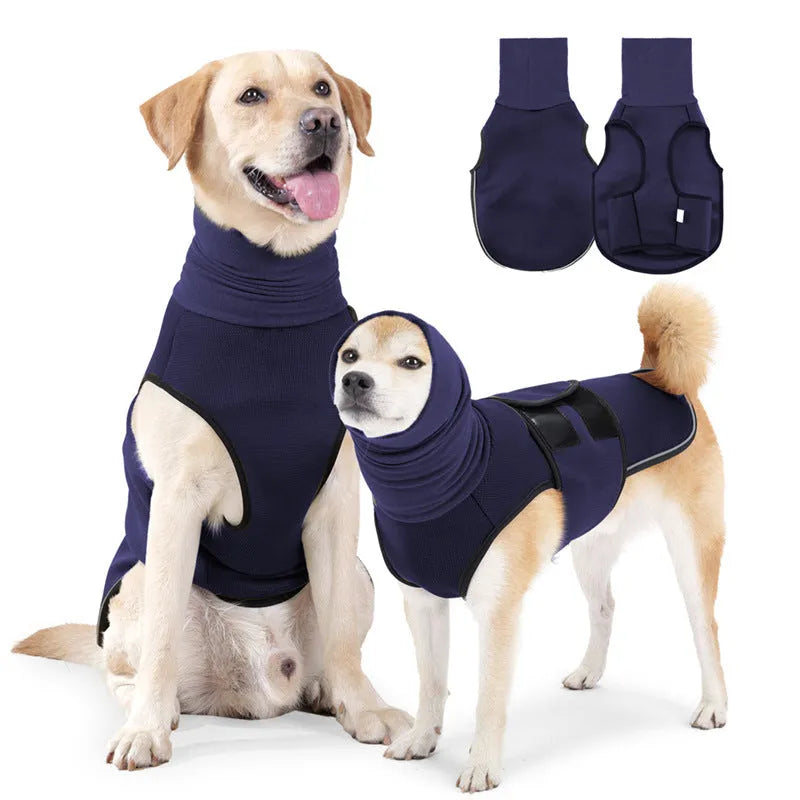 Dog wearing army green calming jacket for anxiety relief