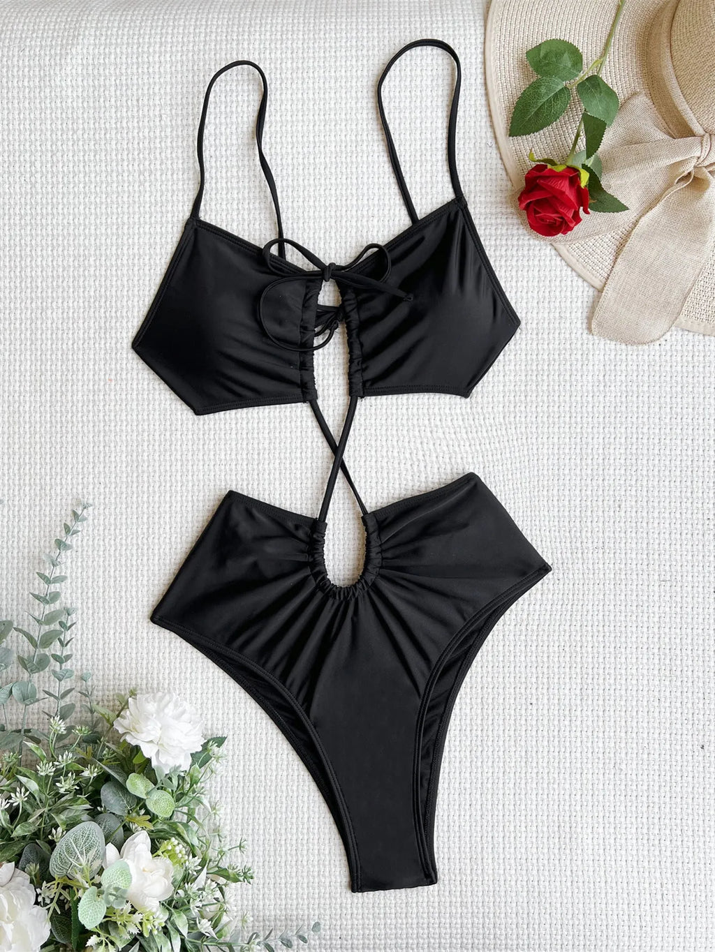 Women's sleeveless hollow triangle one-piece swimsuit in green, red or black colours