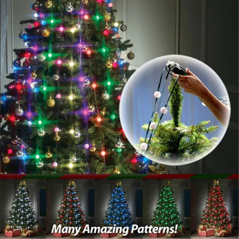 A 1.8 metre long string of 64 colourful LED Christmas lights wrapped around a green tree.