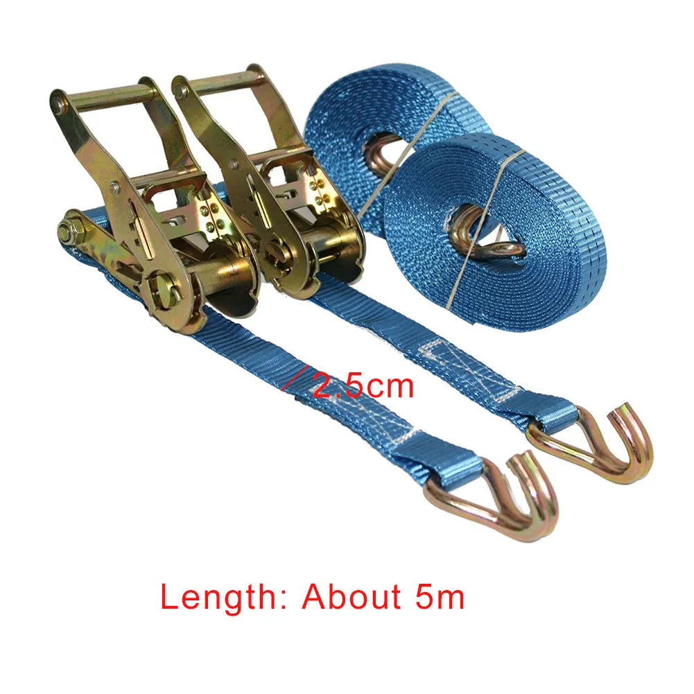 Steel ratchet tensioner with double hook on a 25mm wide polyester fastening strap for cargo and furniture