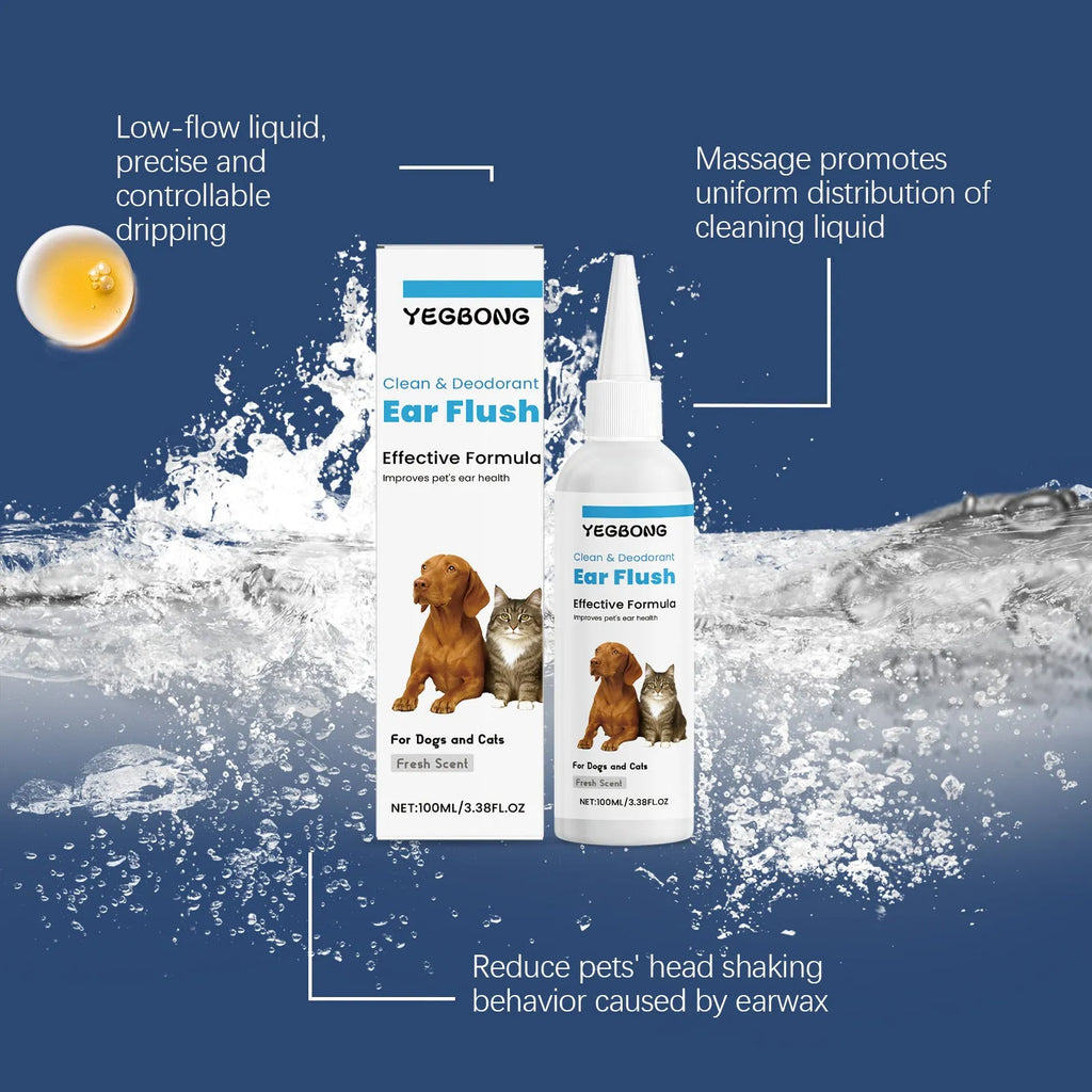 100ml bottle of dogs and cats ear cleaner solution with applicator nozzle for gentle pet ear wax removal.
