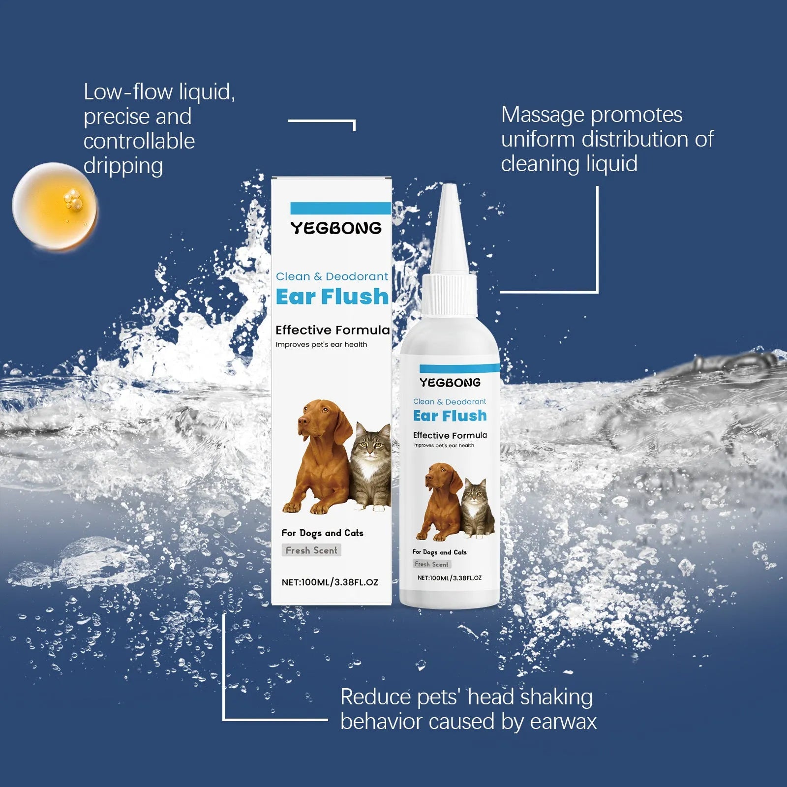 100ml bottle of dogs and cats ear cleaner solution with applicator nozzle for gentle pet ear wax removal.