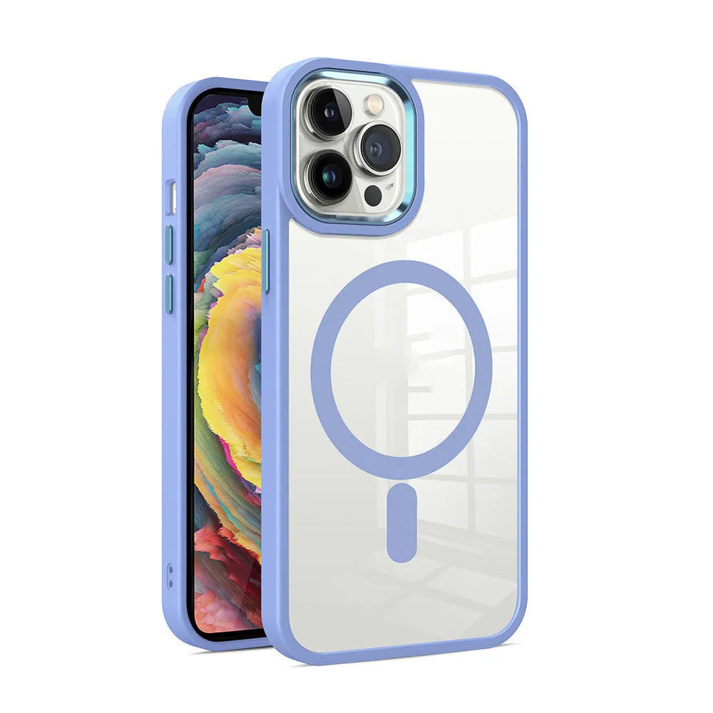 Magnetic transparent silicone phone case for iPhone on a table, showing colour options and MagSafe ring.