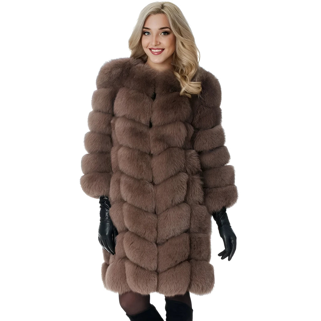 Women's long black artificial fur coat with regular sleeves, shown on a hanger.
