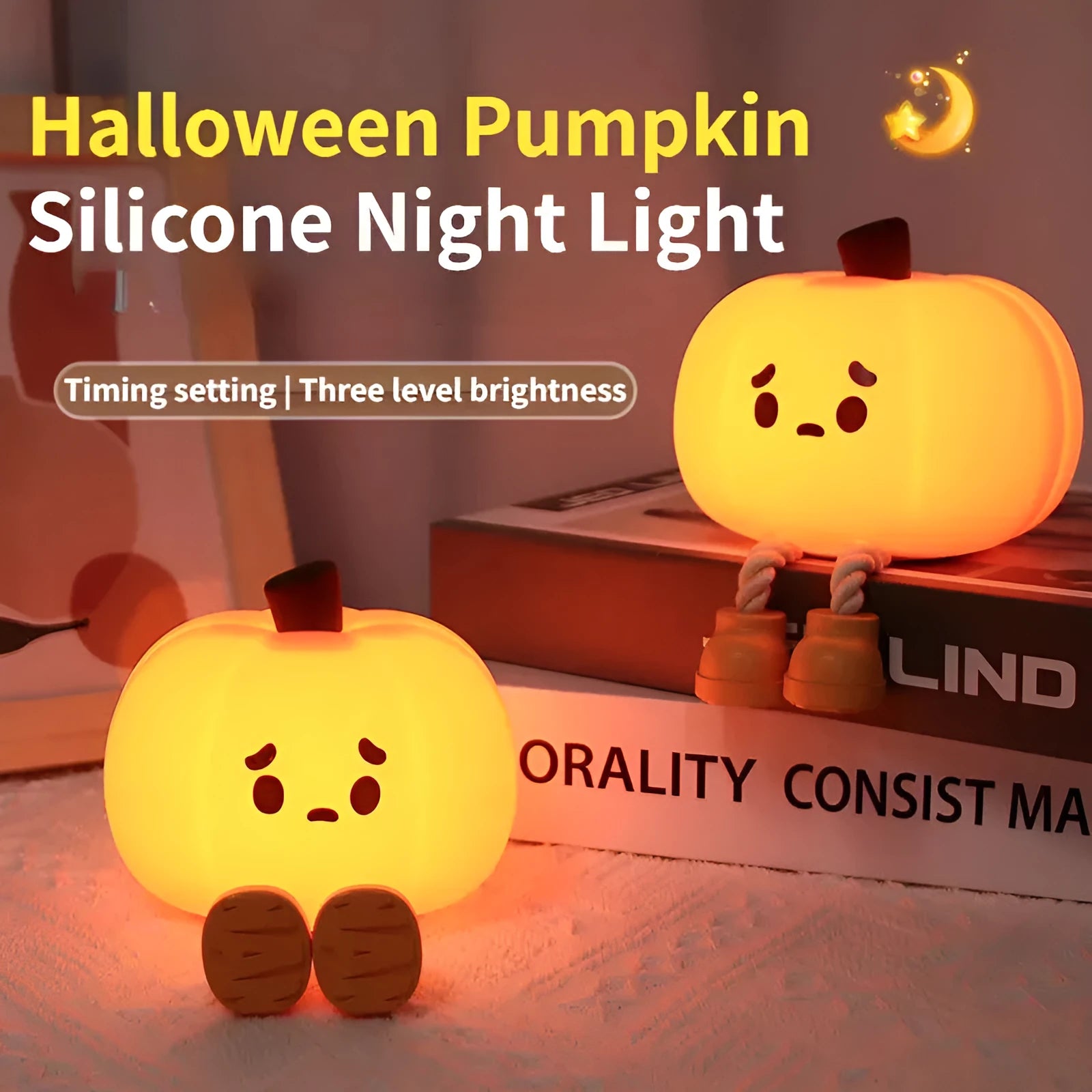 Soft silicone pumpkin-shaped night light with dimmable touch control on bedside table