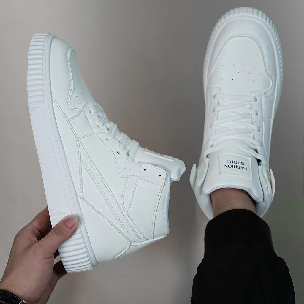 White men's casual microfiber shoes with a round toe, shown on a plain background.