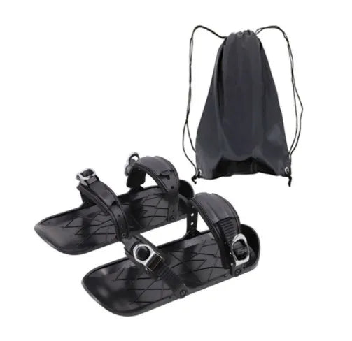 Green and black mini ski skates made from ABS plastic, nylon, and aluminium alloy on snow