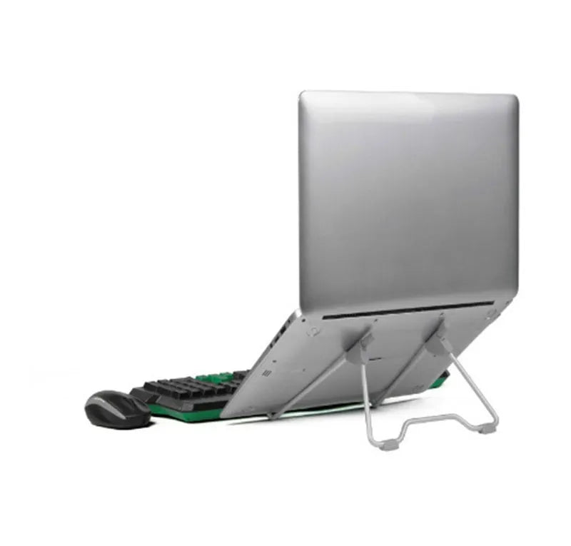Grey aluminium alloy and engineering plastic adjustable stand holding a mobile phone and a laptop.