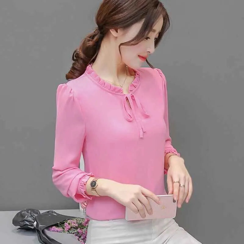 Loose plus size bow chiffon shirt in rose red, pullover style, long sleeves, polyester fabric, front view