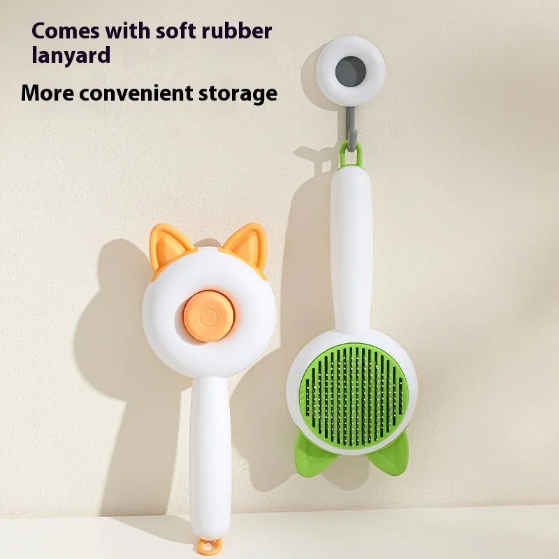 Self-cleaning cat grooming brush with stainless steel bristles in greenish white and orange white colour options