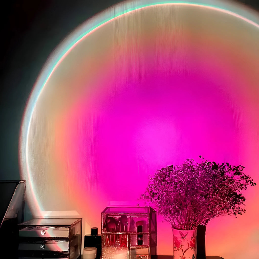 USB rechargeable rainbow projection lamp showing sunset red colour patterns for atmospheric lighting