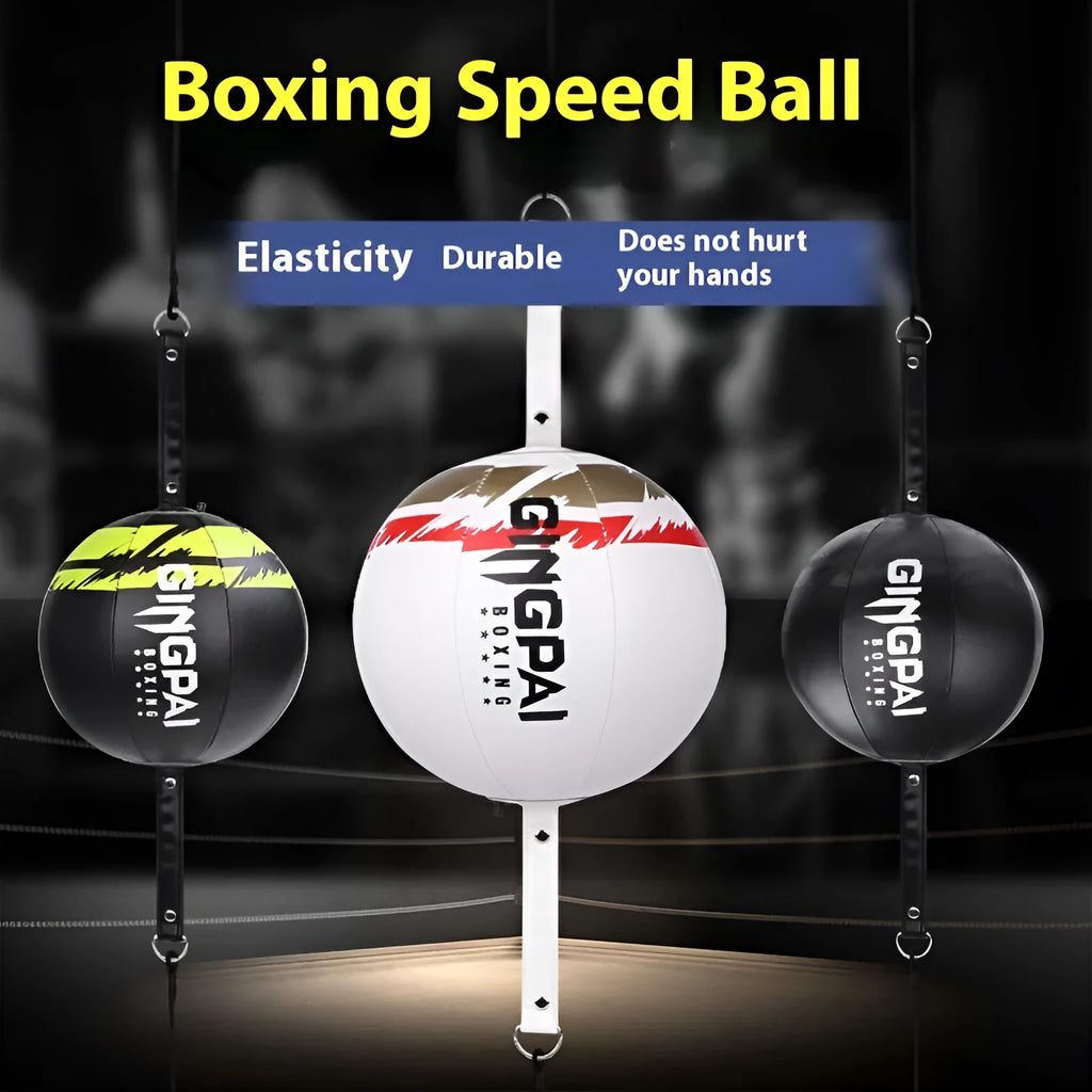 A black PU hanging boxing speed ball suspended for reaction and dodge training practice.