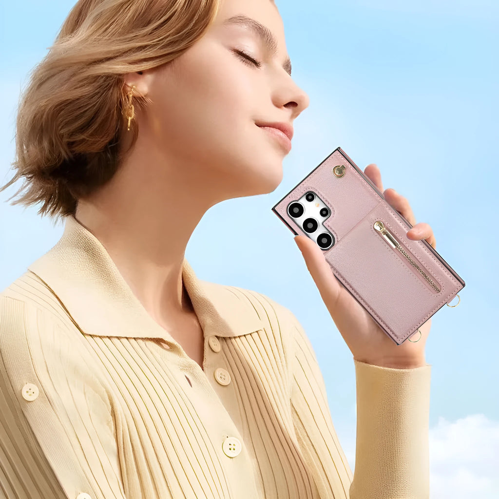 Samsung phone case with card slots and crossbody zipper bracket in Japanese Korean style