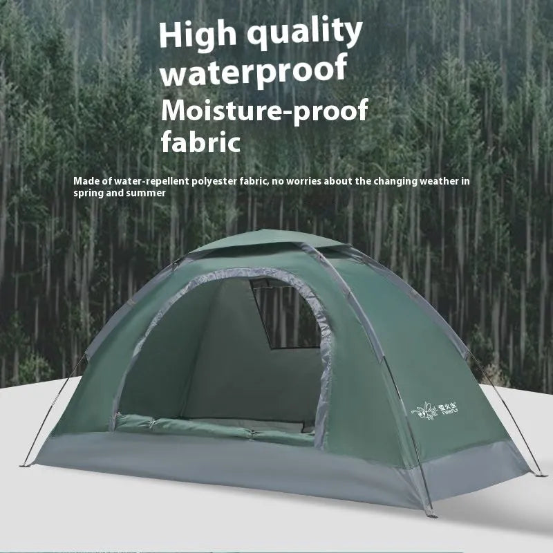 Single person manual camping tent unfolded showing interior space, with optional ground pad.