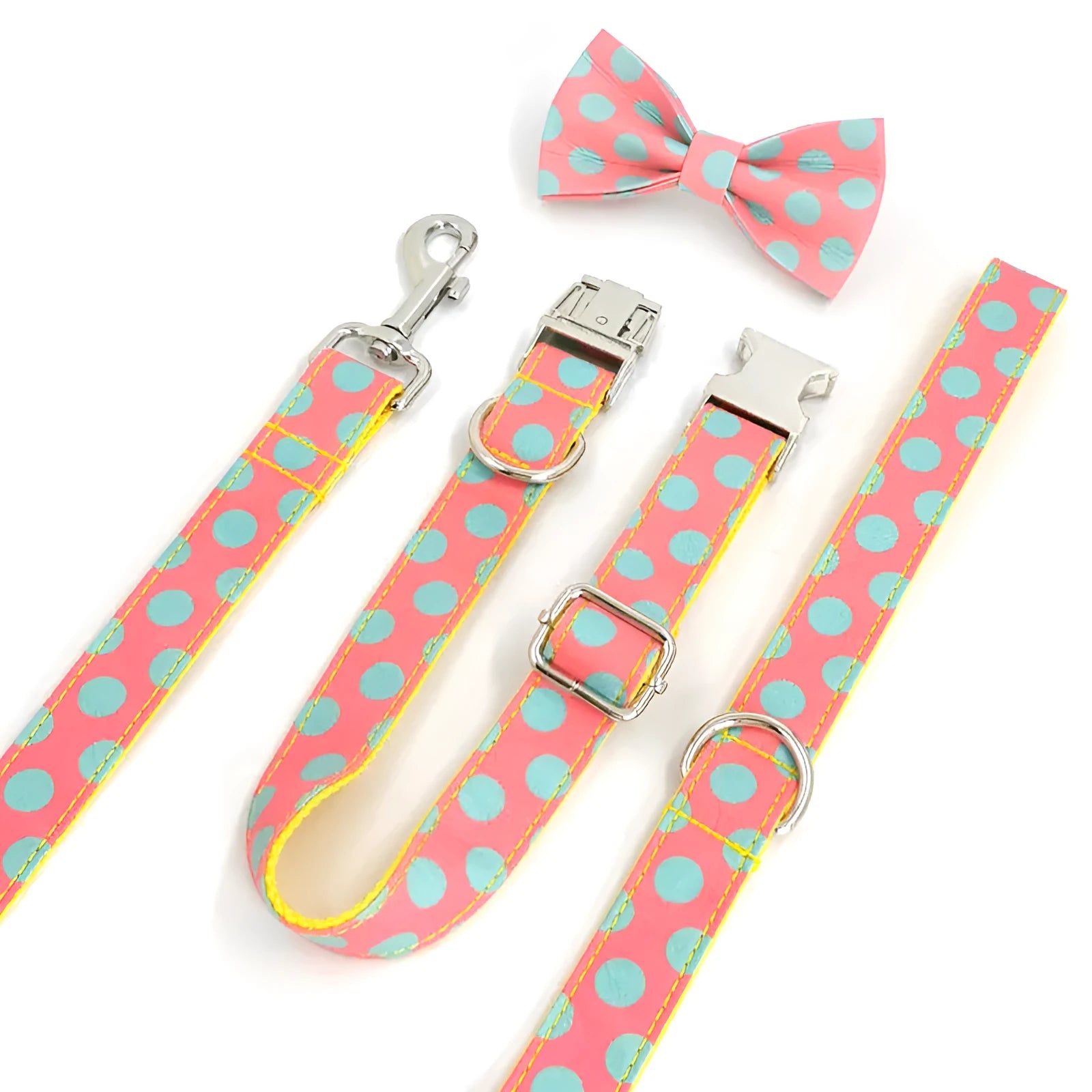 Yellow polka dot dog collar with attached lead rope and fabric bow decoration