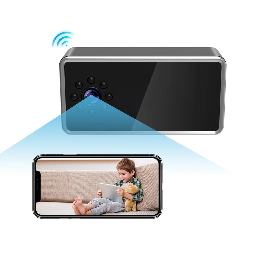 Compact wireless home surveillance camera on a table