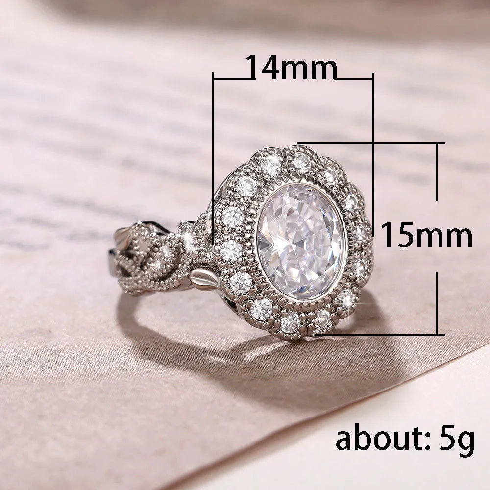 Geometric round zircon ring in white gold colour on copper base with full diamond plating