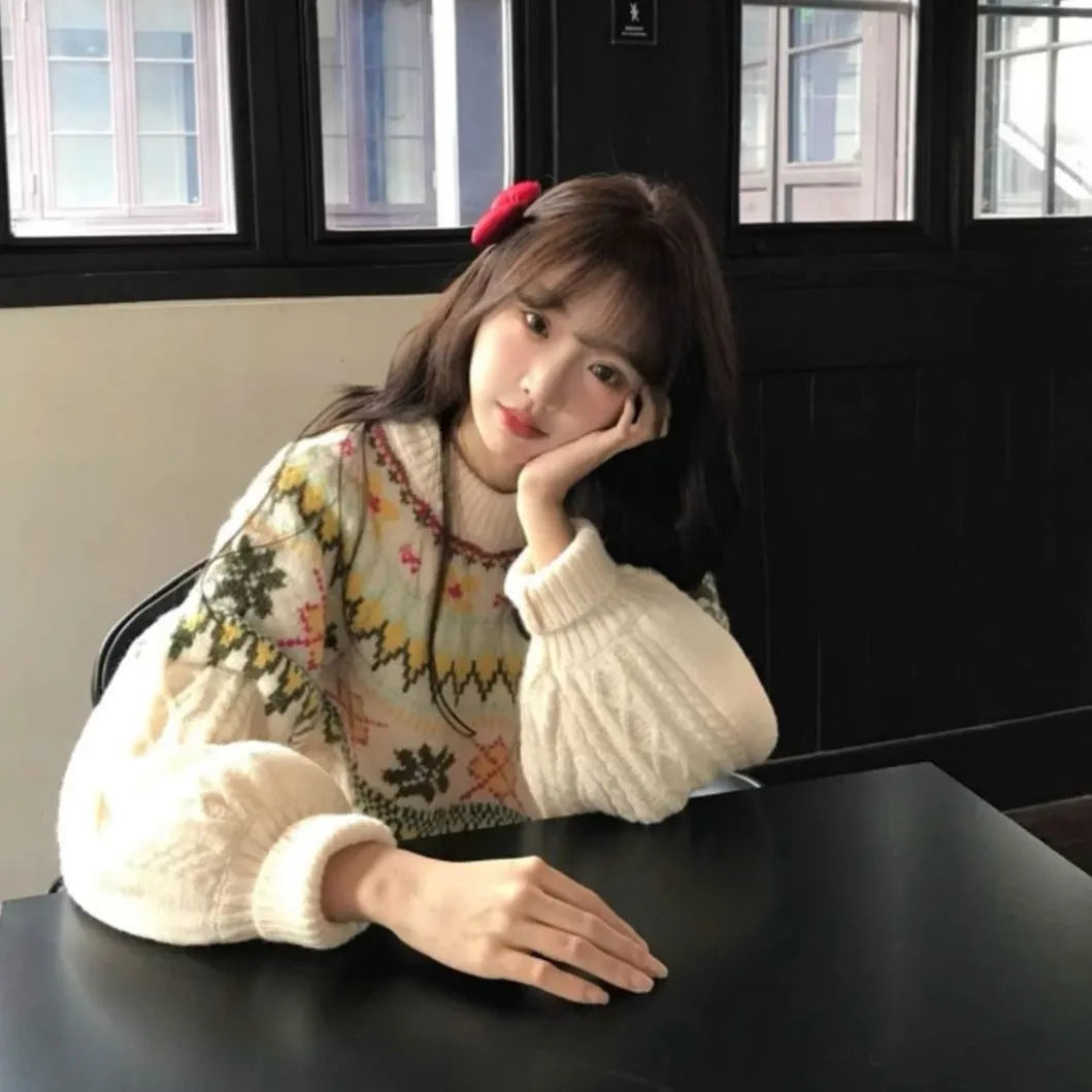 Women's milky white lantern sleeve loose mori knitwear pullover on hanger
