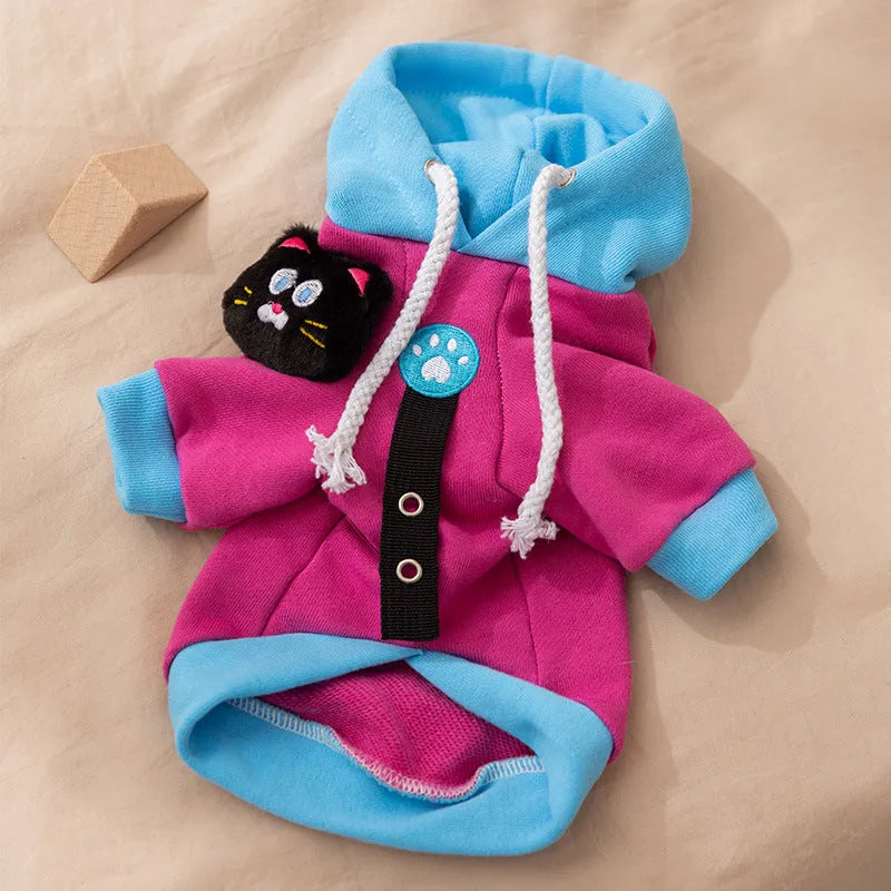 Autumn winter dog hoodie in purple with colour-blocking design, drawstring hood, and cat plush necklace for small medium breeds