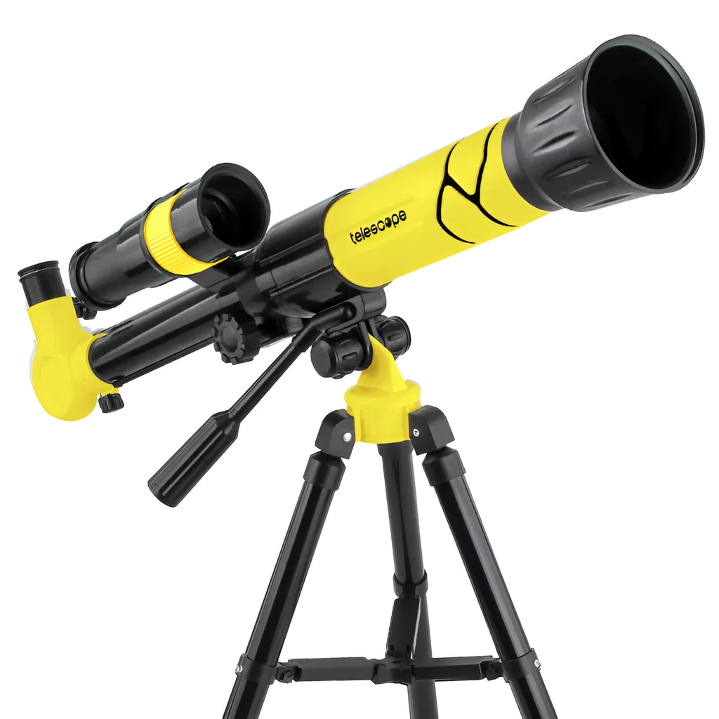 White and yellow plastic 150X kids astronomical telescope on a tripod.