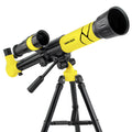 White and yellow plastic 150X kids astronomical telescope on a tripod.
