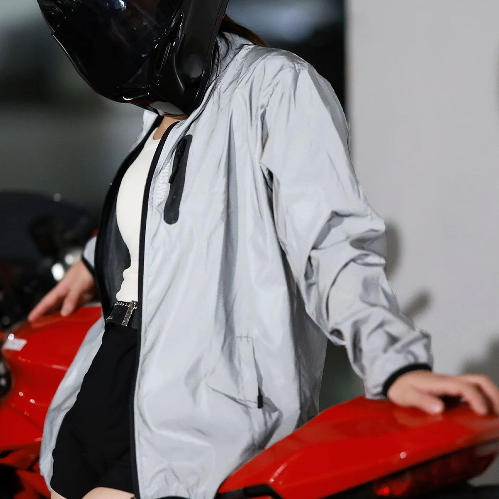 Silver waterproof polyester windproof long sleeved top showing front view