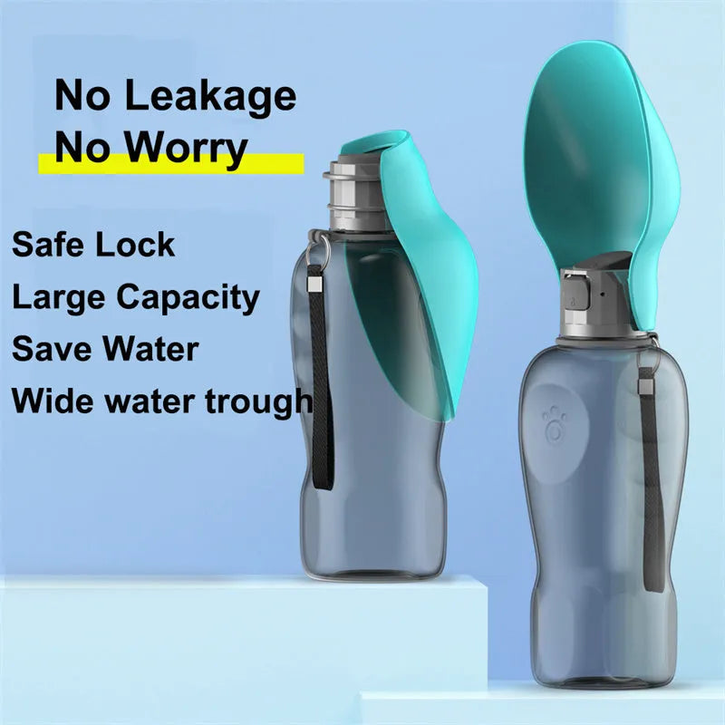 Blue grey foldable dog water bottle with drinking trough extended, showing 800ml capacity markings
