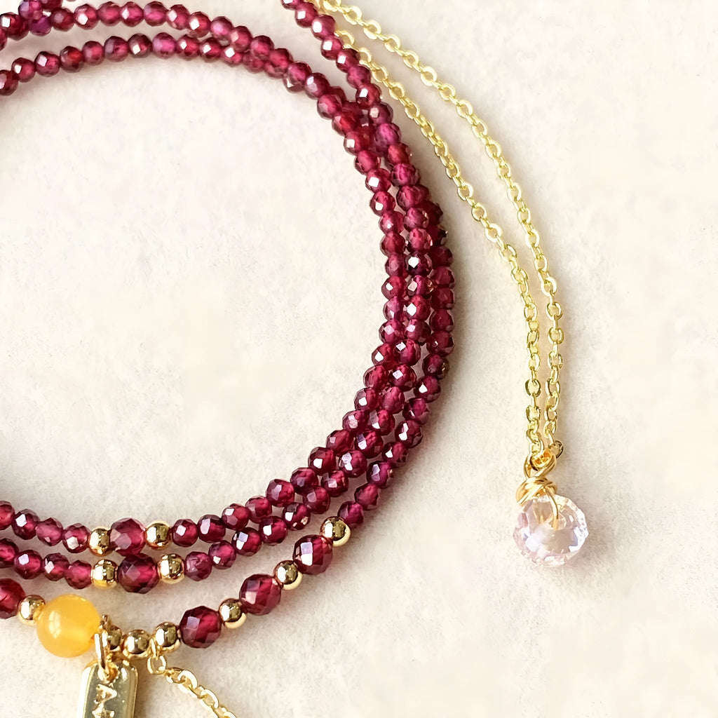 Garnet three circle bracelet with beeswax cut surface and electroplated finish