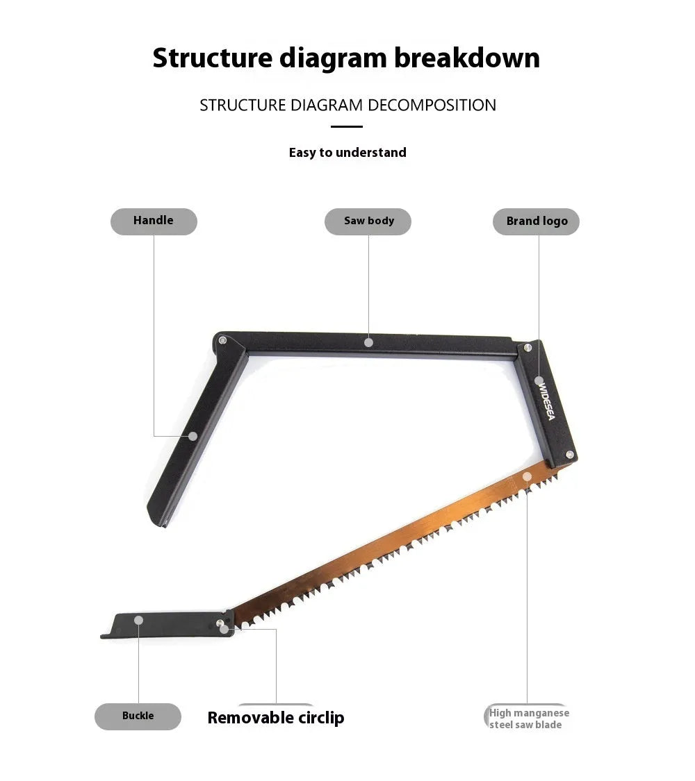 Black foldable outdoor saw with aluminium and nylon handle, blade extended.