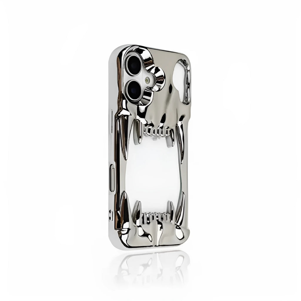 Bright silver electroplated silicone phone case with hollow skull and tiger tooth design for iPhone