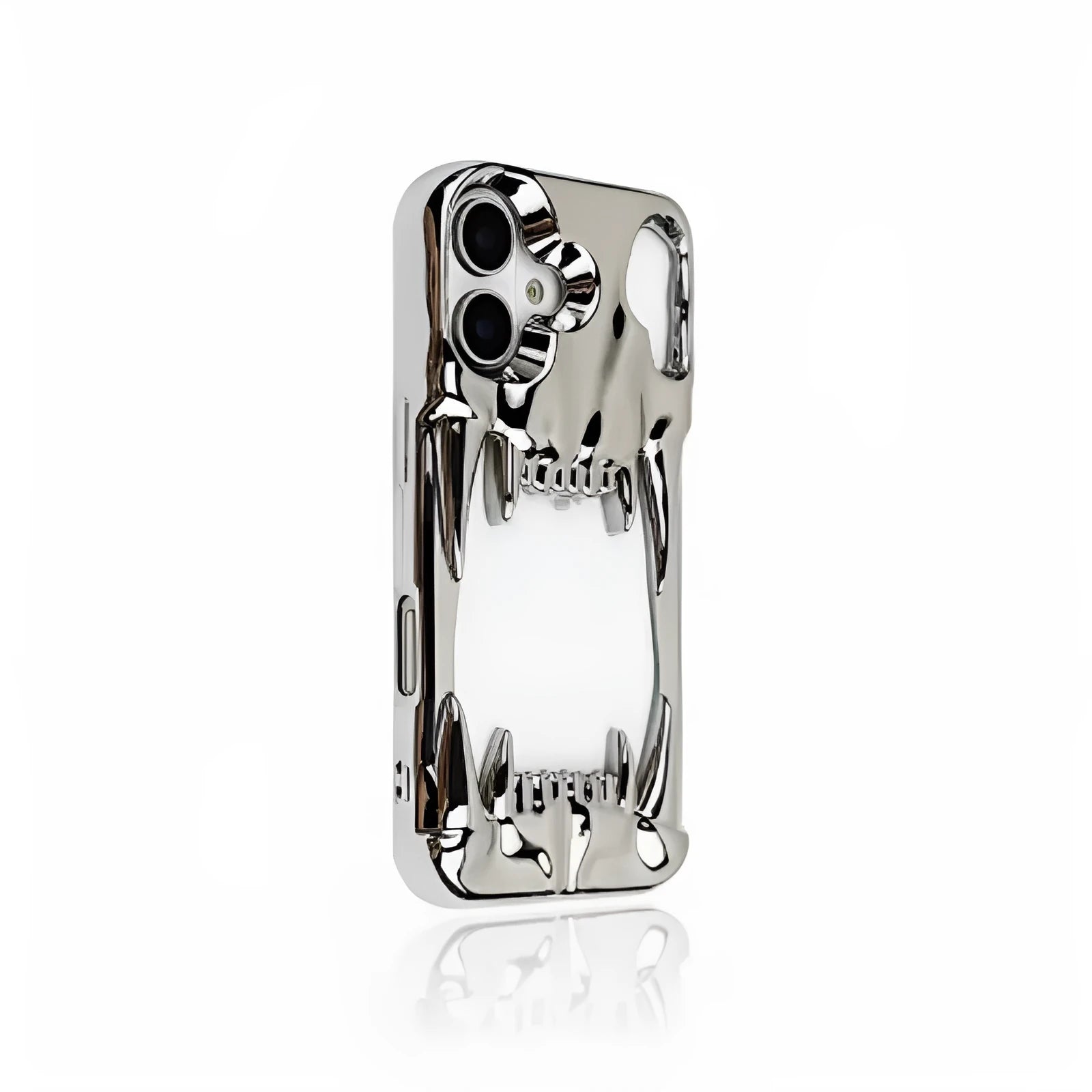 Bright silver electroplated silicone phone case with hollow skull and tiger tooth design for iPhone