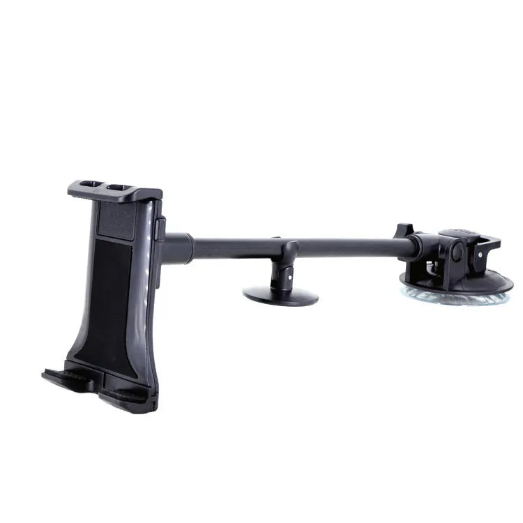 Black universal 4-12 inch vehicle-mounted tablet and mobile phone holder with long suction cup.