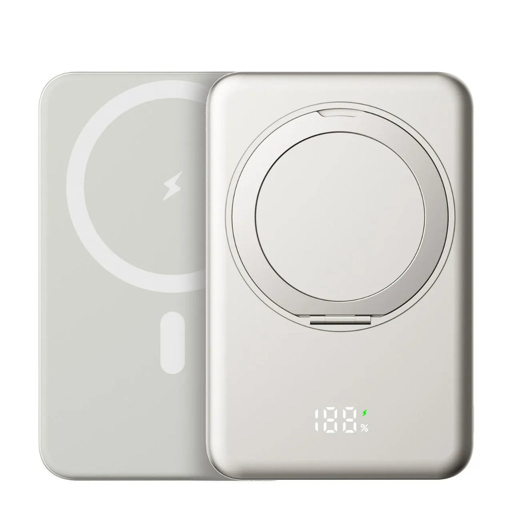 Magnetic suction power bank with rotating bracket and digital display in front view, Black colour option