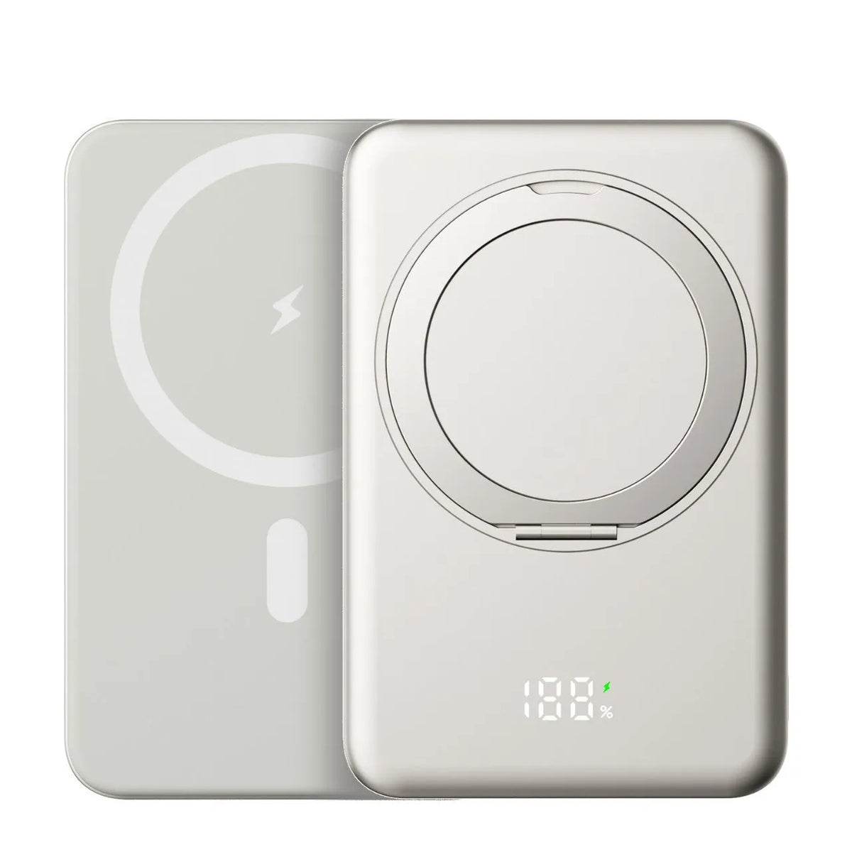Magnetic suction power bank with rotating bracket and digital display in front view, Black colour option