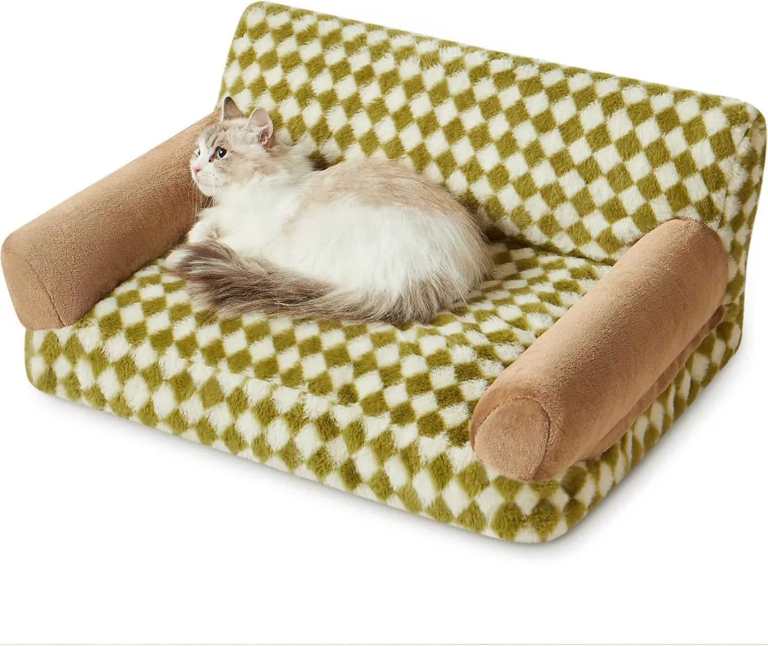 Checkered pattern pet sofa bed for cats and small dogs with a removable cover, shown in a home setting.