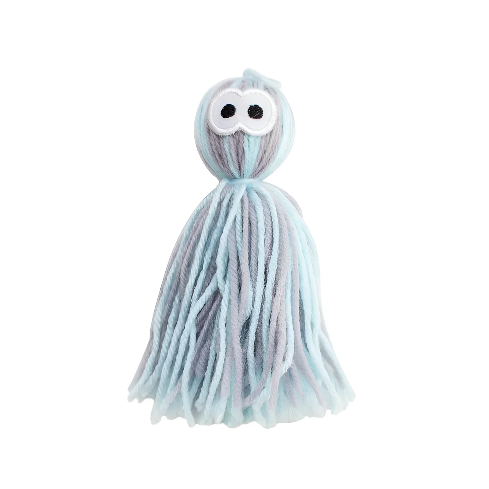 Wool ball cat toy with hanging feature in blue grey colour